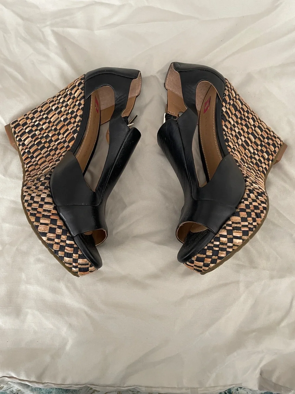 Elaine Turner Julia wedges in black leather with an optic basket weave pattern